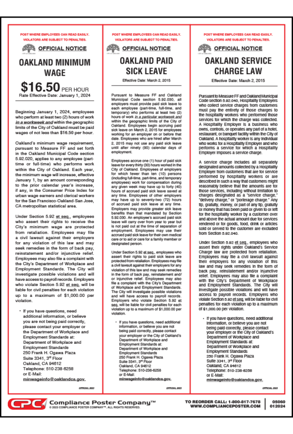 Oakland California Minimum Wage Poster