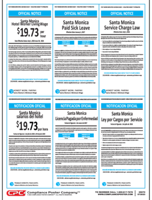 City of Santa Monica, CA Hotel Worker Living Wage, Paid Sick Leave & Service Charge Law Poster
