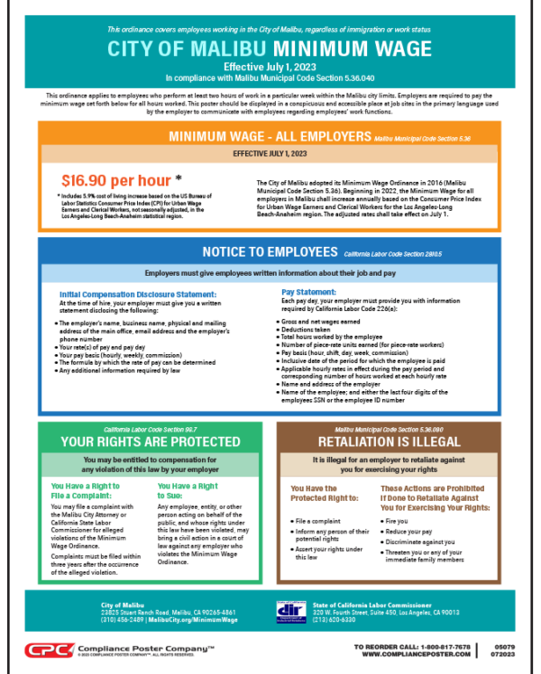 Malibu California Minimum Wage Poster