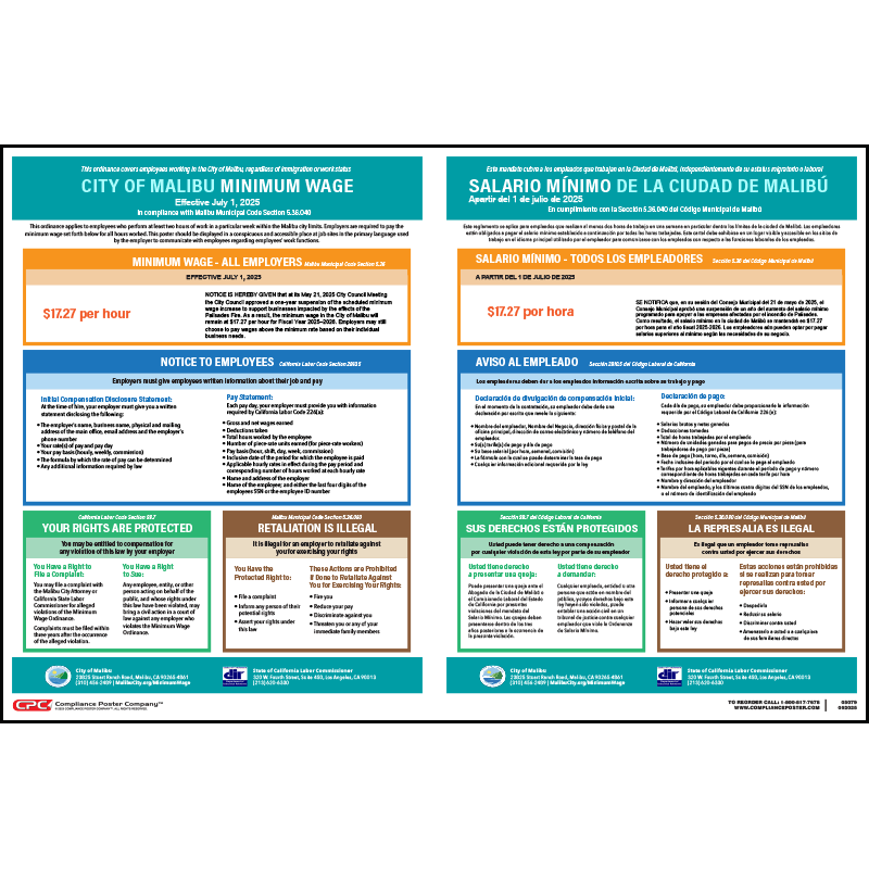 Malibu California Minimum Wage Poster