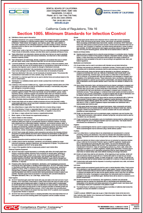 California Dental Office Minimum Standards for Infection Control Poster