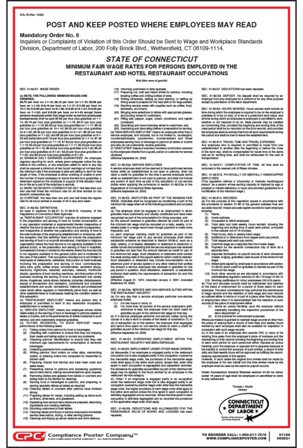 Connecticut Wage Order 8 Restaurant and Hotel Occupations Poster