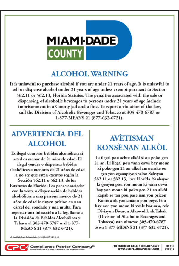 County of Miami-Dade, FL Alcohol Drinking Age Poster