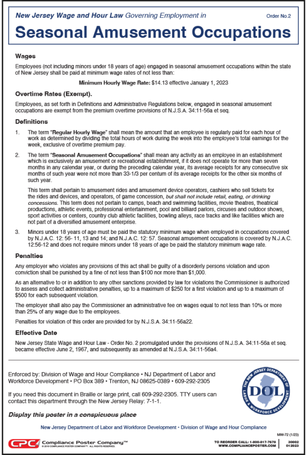 New Jersey Seasonal Amusement Occupations Wage Order