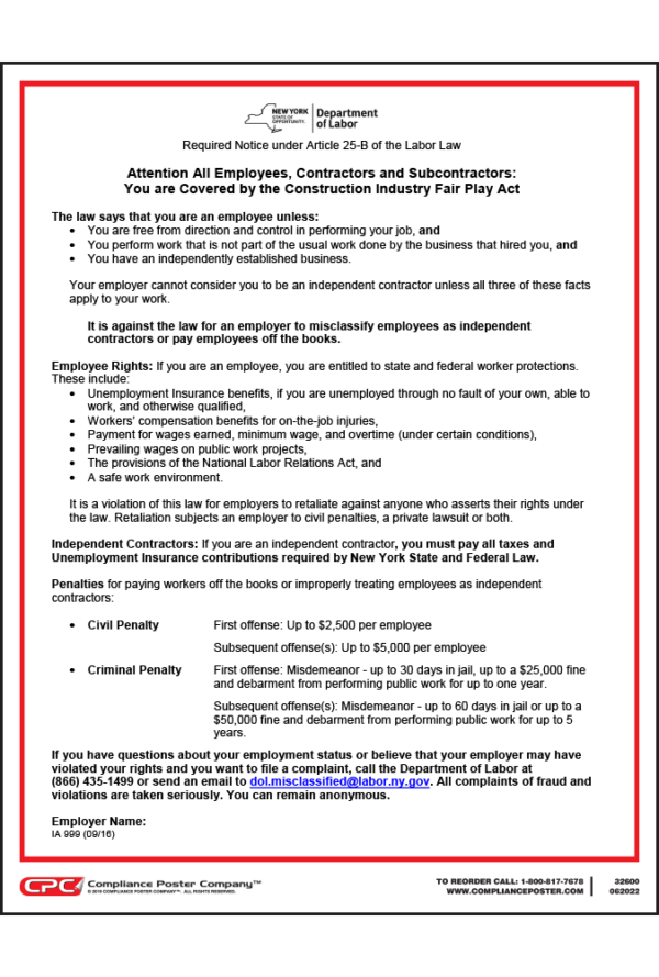 New York Construction Industry Fair Play Act Poster