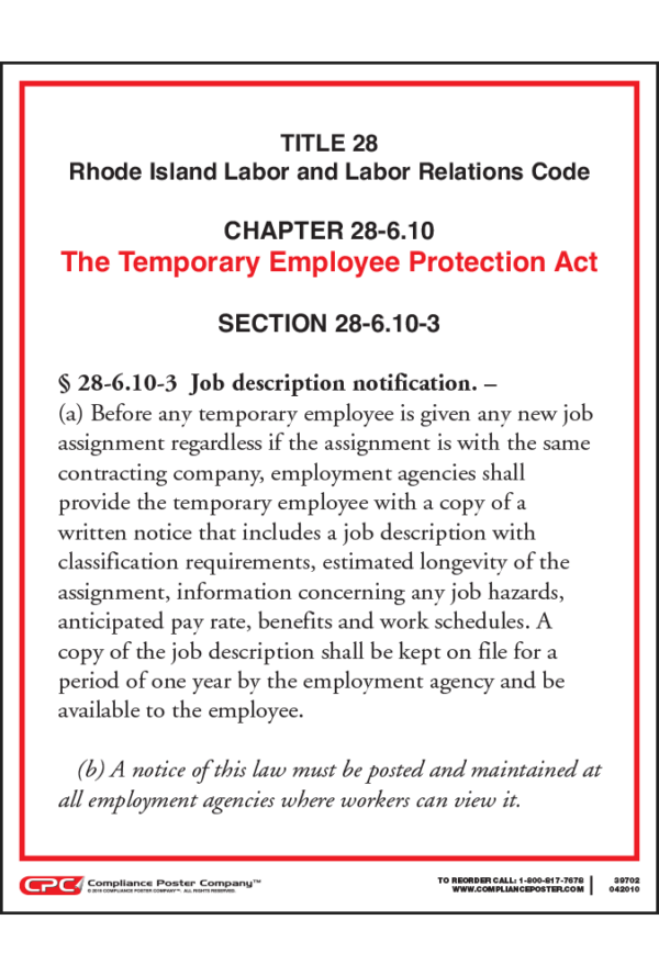 Rhode Island Temporary Employee Protection Act Poster