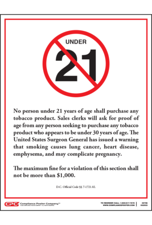 District of Columbia Warning Sign Tobacco Sales Under 21