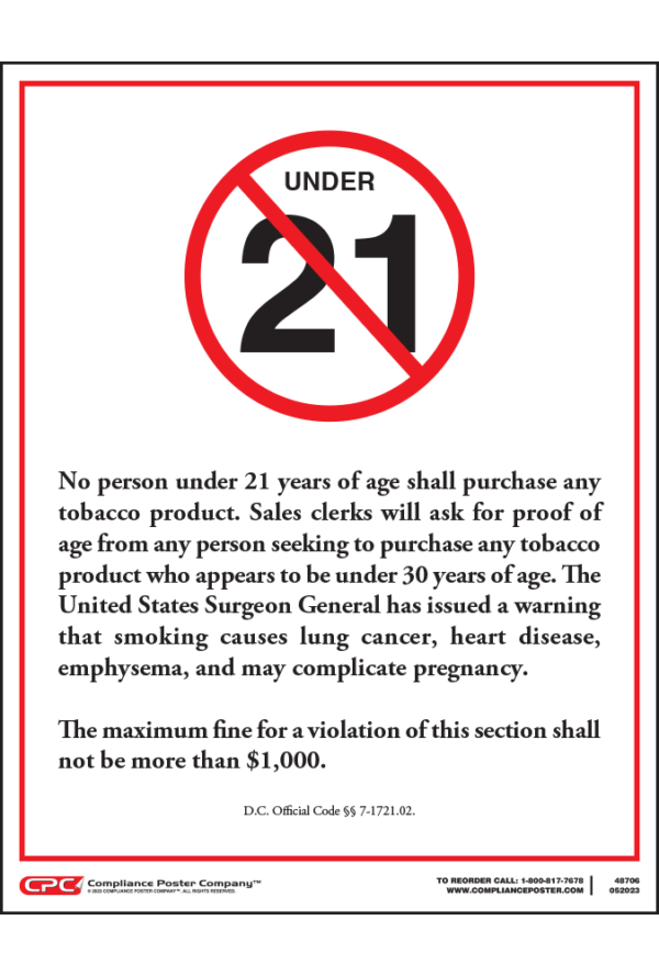 District of Columbia Warning Sign Tobacco Sales Under 21