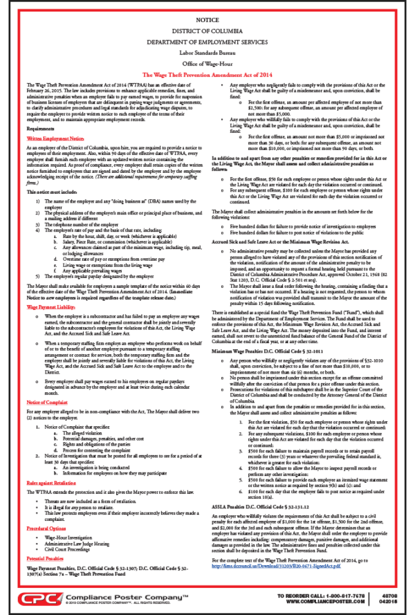 District of Columbia Notice of Wage Theft Prevention Amendment Act