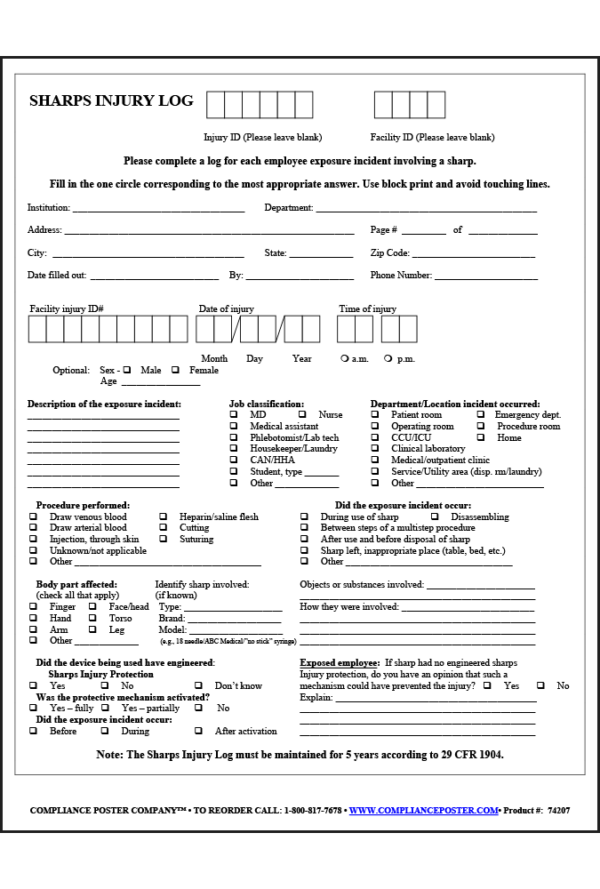 Sharps Injury Log 20PK