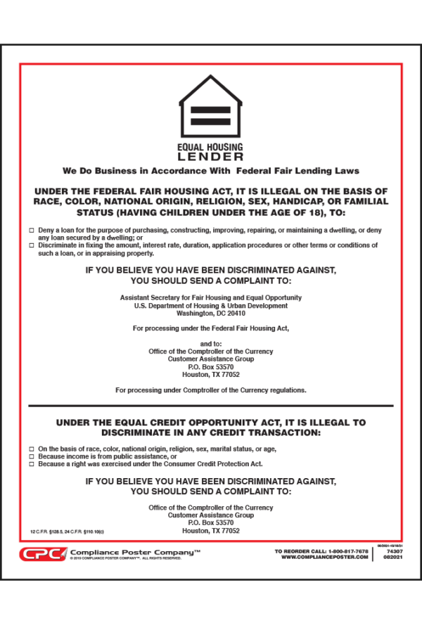 Federal Equal Housing Lender Poster - OCC Banks