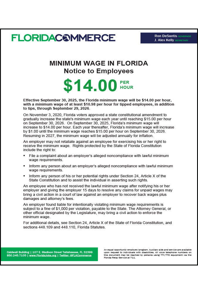 2021 Florida Minimum Wage Peel 'N Post