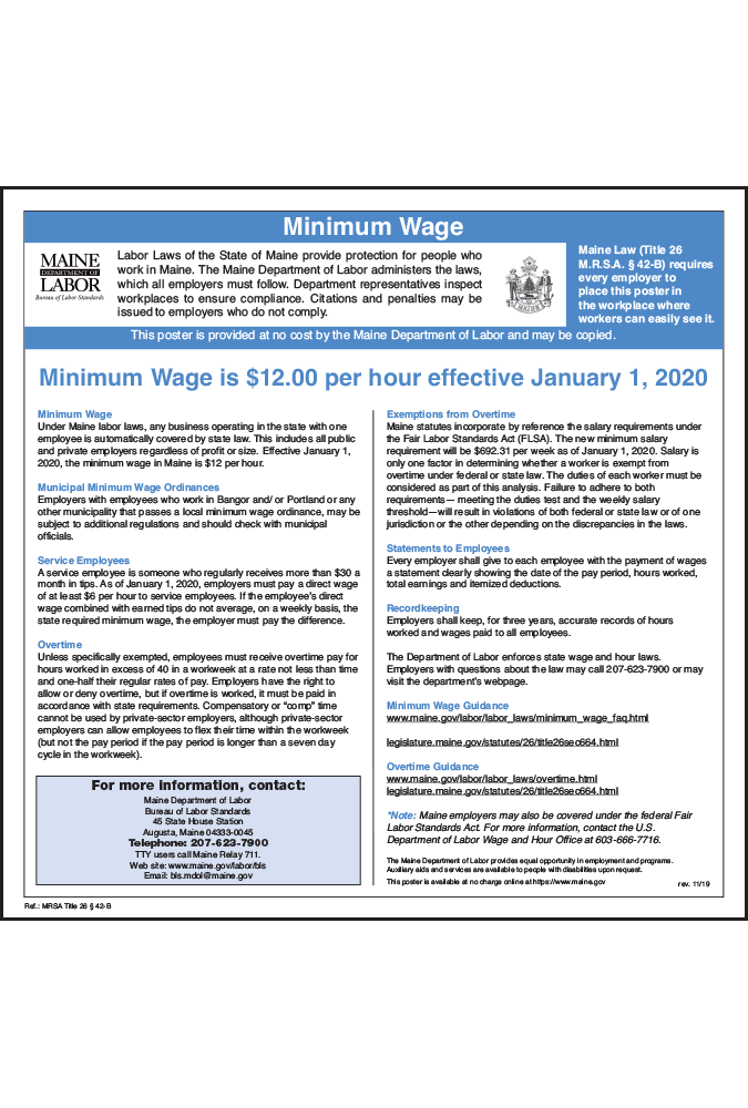 2020 Maine Minimum Wage Poster - Peel 'N Post