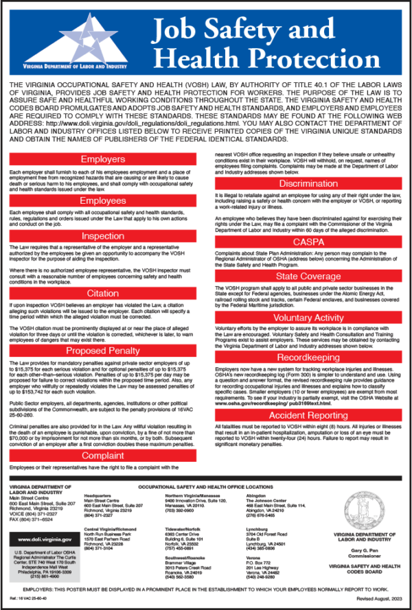2019 Virginia Job Safety and Health Protection Poster Peel 'N Post