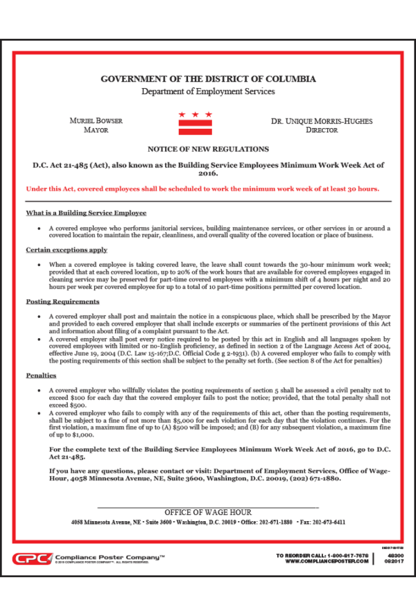 Washington, D.C. Building Service Employees Minimum Work Week Act of 2016 Poster