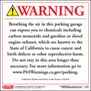 California Prop 65 Enclosed Parking Facility Exposure Warning Sign - English