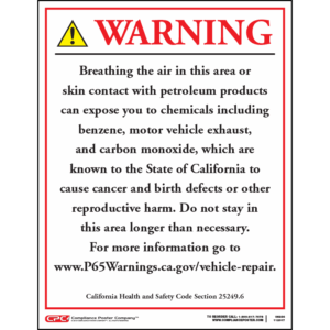 California Vehicle Repair Facilities Exposure Warning Sign - English