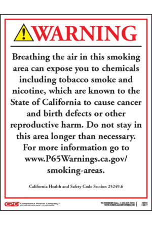 California Prop 65 Designated Smoking Area Exposure Warning Sign - English