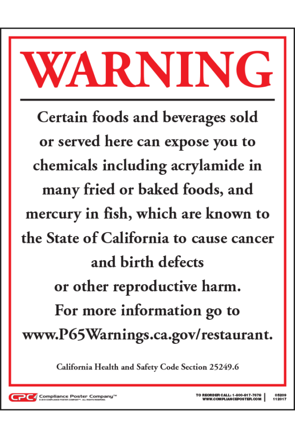 California Prop 65 Restaurants Warning Sign