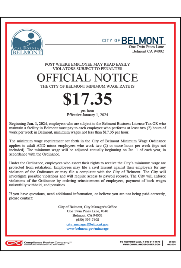 Belmont, CA Minimum Wage Poster