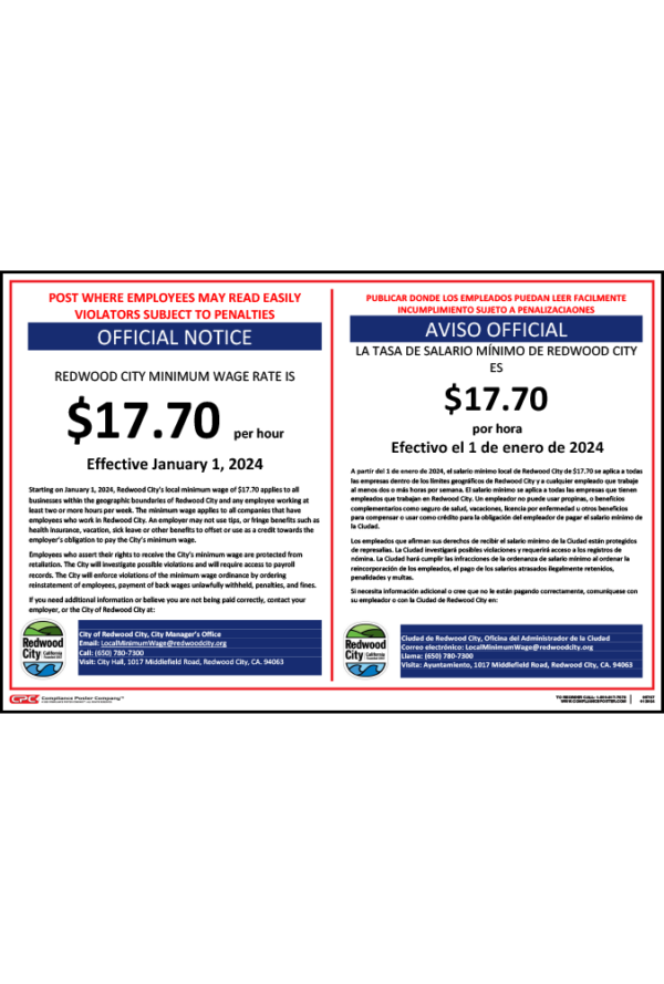 Redwood City, CA Minimum Wage Poster