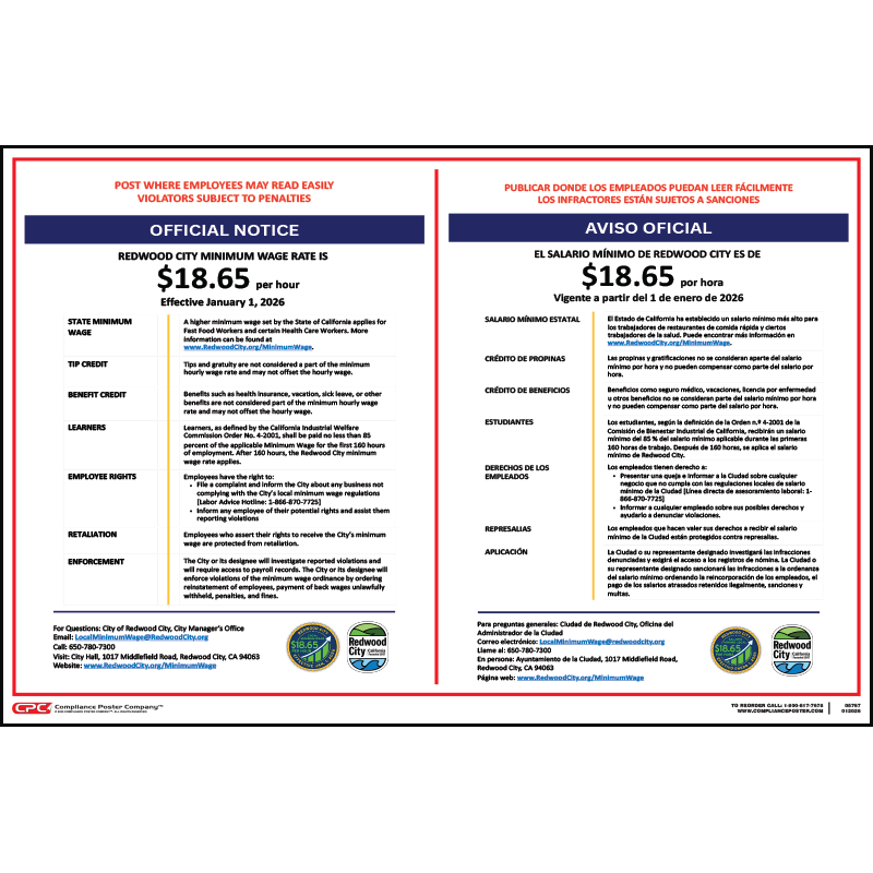 Redwood City, CA Minimum Wage Poster