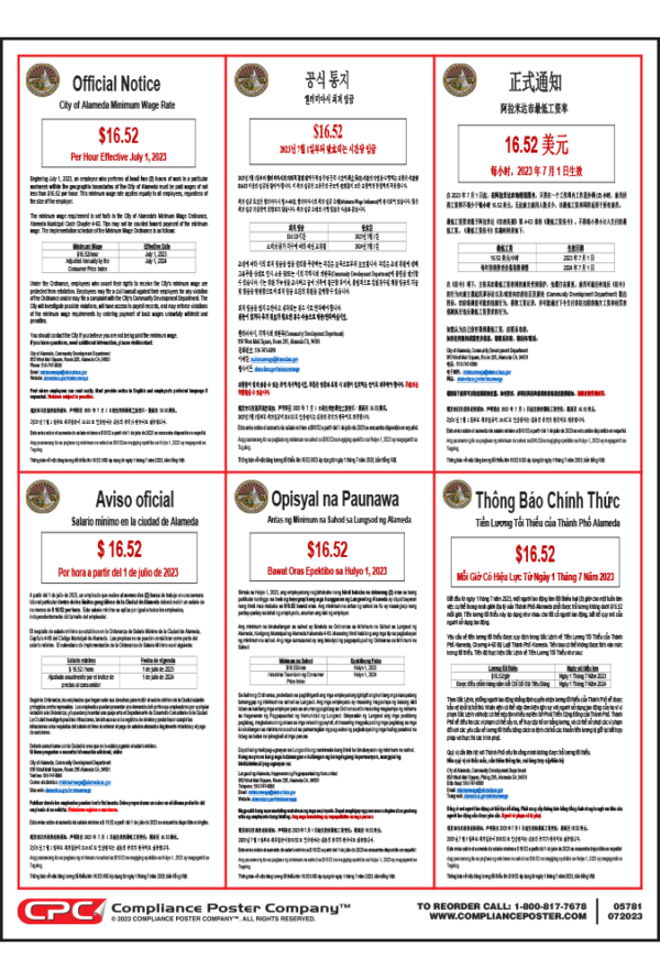 Alameda, CA Minimum Wage Poster - 5-language