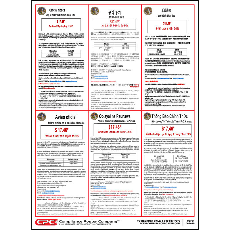 Alameda, CA Minimum Wage Poster - 5-language