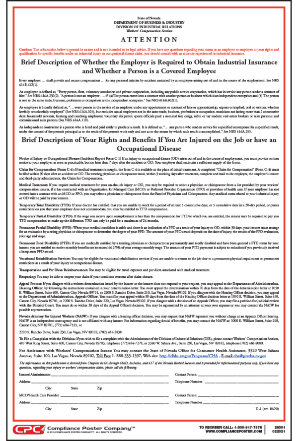 Nevada Workers Compensation Informational Poster