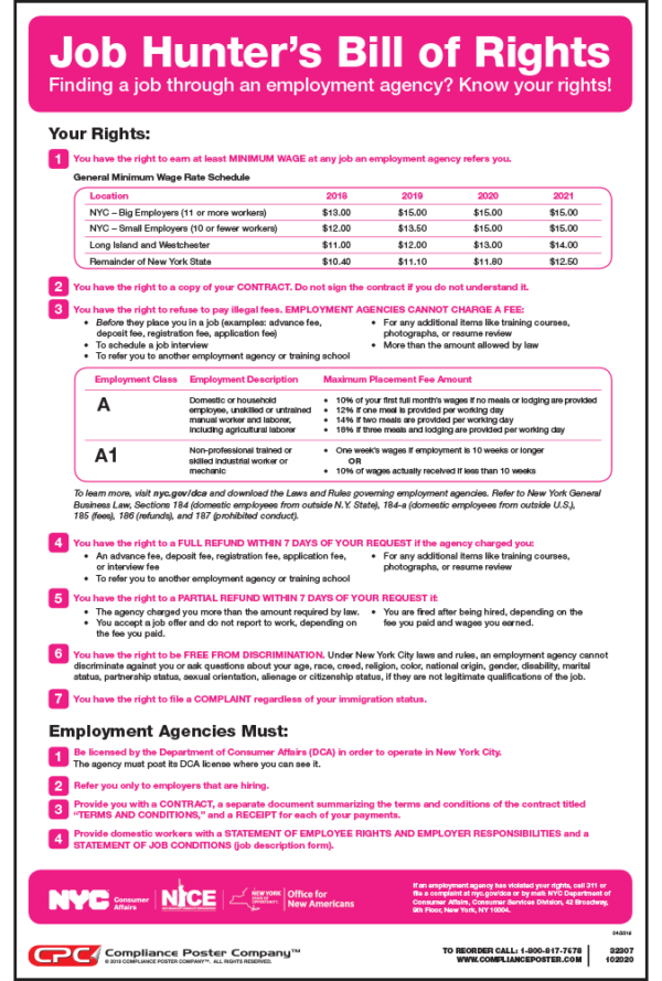 City of New York, NY Job Hunter's Bill of Rights Poster