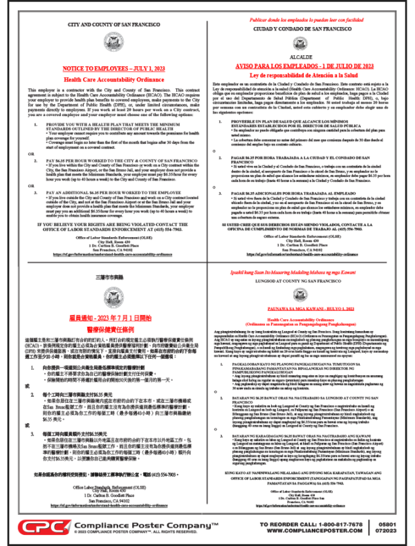 San Francisco, CA Health Care Accountability Ordinance Poster
