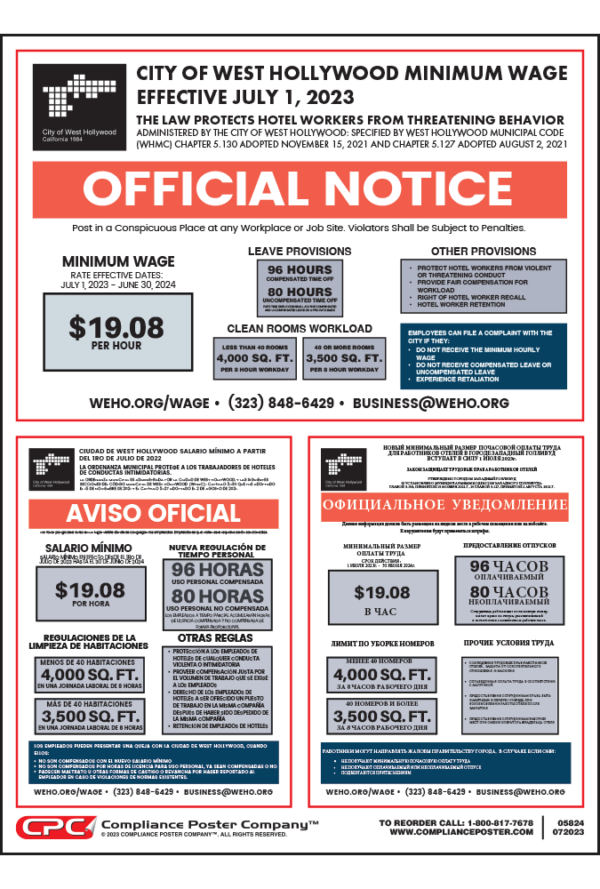 West Hollywood, CA Hotel Workers Minimum Wage Poster