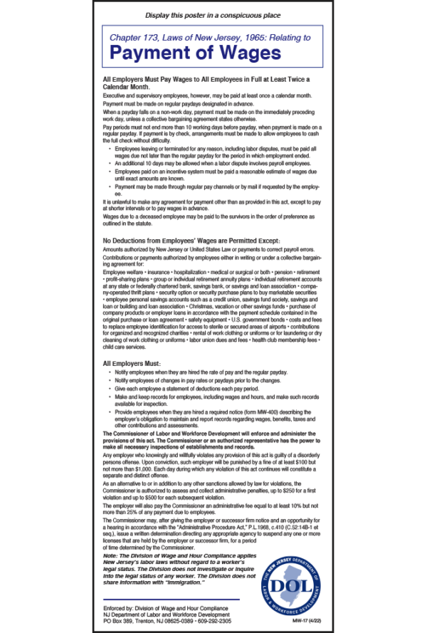 New Jersey 2022 Payment of Wages Peel 'N Post™
