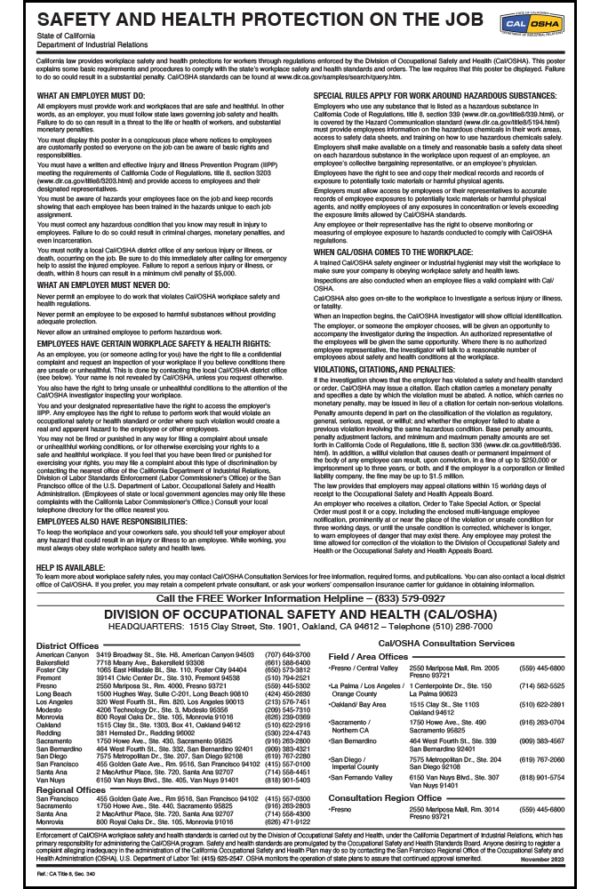California Workplace Safety Poster Cal/OSHA Safety and Health Protection on the Job Peel 'N Post