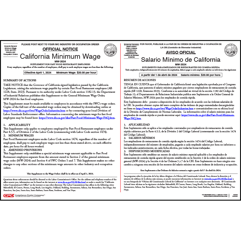 California 2024 Minimum Wage Fast Food Supplement Poster