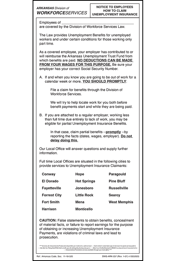 Arkansas Notice to Employees, How to Claim Unemployment Insurance Peel 'N Post™